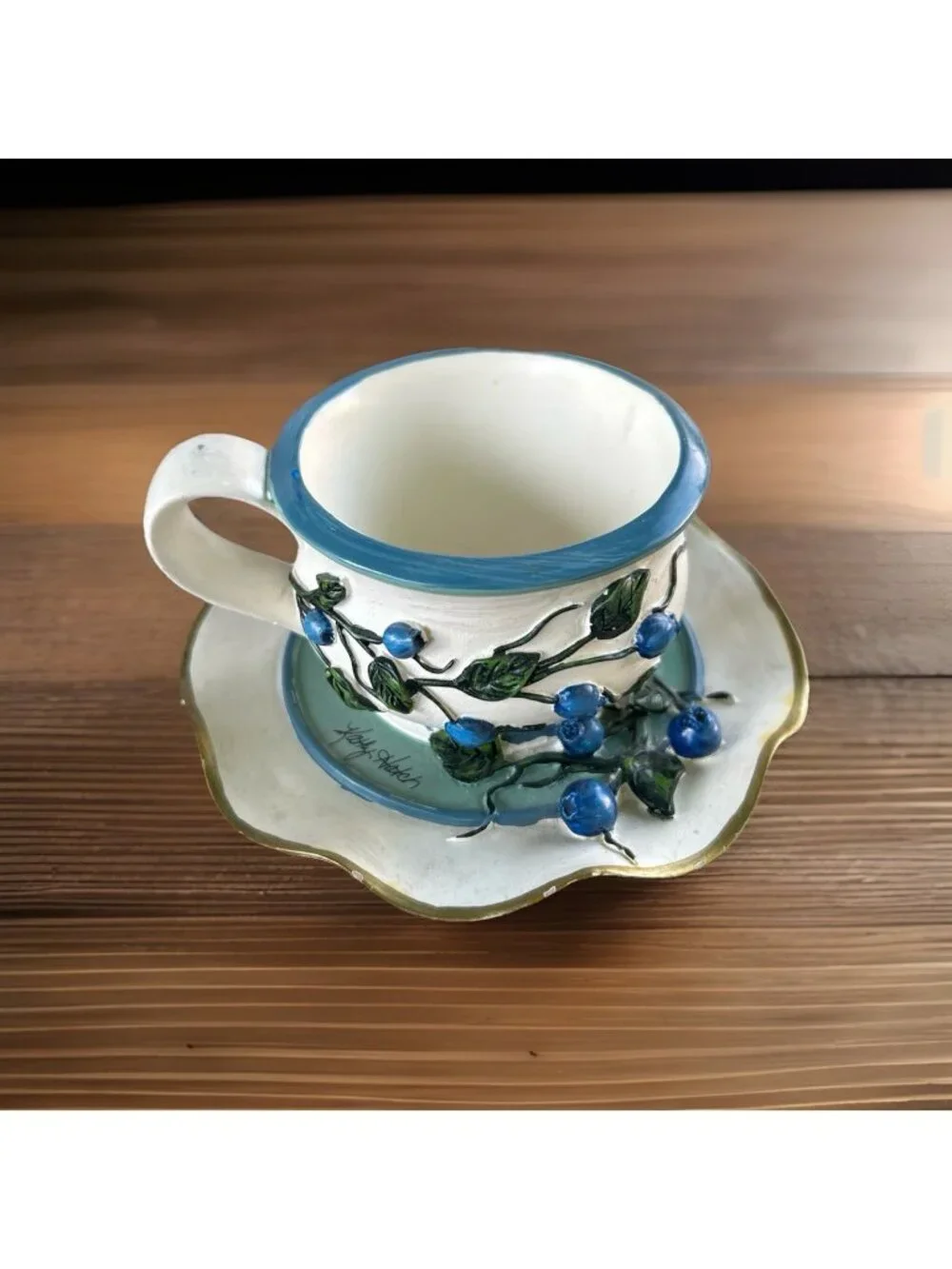 Kathy Hatch Ceramic Teacup With Blueberries Planter/ Feeder